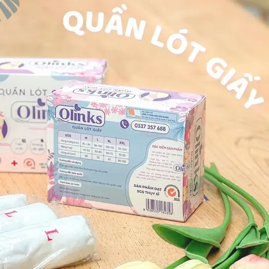 Quần Lót Giấy Cotton 100%, đáy quần 2 lớp, Hộp 8 chiếc quần lót Olinks dùng 1 lần đi du lịch, Mẹ Bầu Đi Sinh