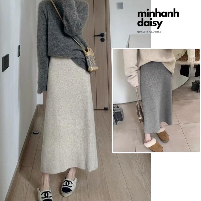   Deal Mở Bán  Chân váy chữ A dáng dài chất len lông thỏ mịn mềm xẻ tà sau cạp chun lưng cao Women Ong Nhung 