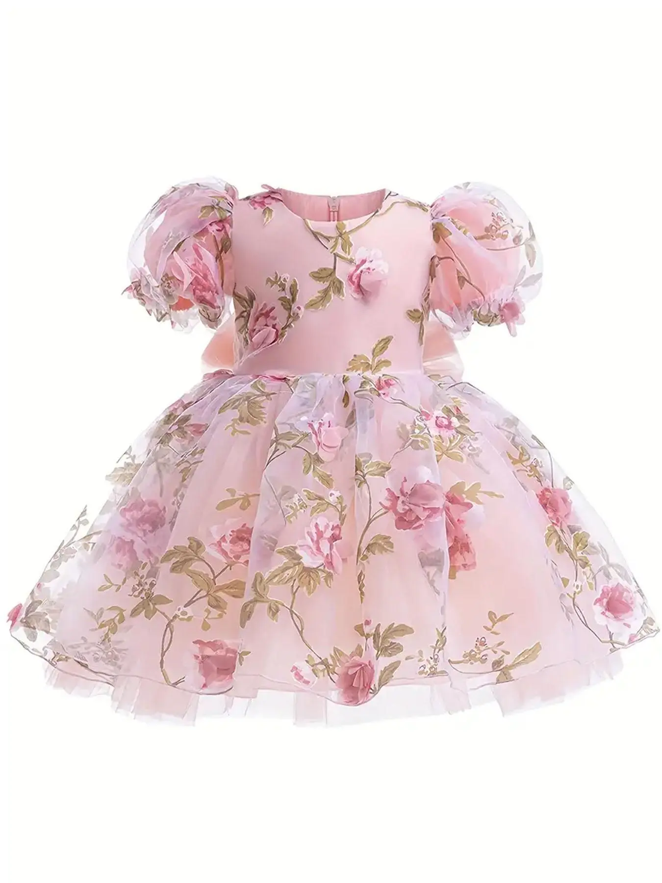 Girl's Floral Appliques Big Bow Decor Ruffle Trim Dress, Elegant Contrast Mesh Puff Short Sleeve Zipper Back Party Dress for Wedding Guest, Kids Clothes for All Seasons