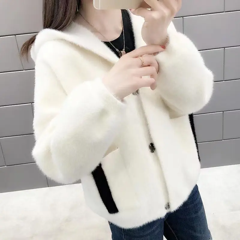 Áo Khoác Ngắn Cho Nữ, Hàng Mới Về 2024, Áo Khoác Lông Chồn Có Mũ Trùm Đầu, Áo Cardigan, Dáng Rộng Vừa Vặn, Thích Hợp Cho Mùa Xuân Và Mùa Thu, Áo Khoác Len Bán Chạy Women Top