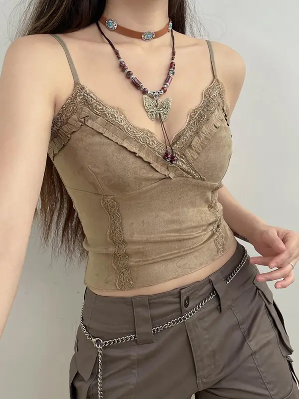 Women's Contrast Lace Cami Crop Top without Necklace, Summer Clothes, Solid Frill Trim Spaghetti Strap Top for Summer, Women's Clothing for Daily Wear 0