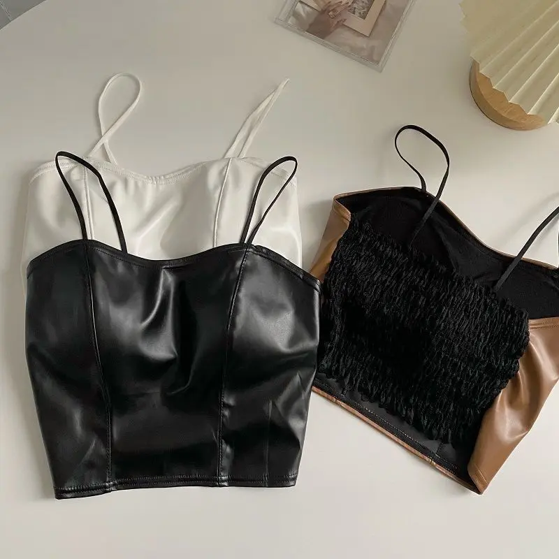 European and American hot girl PU leather jacket, camisole, small vest, women's autumn outfit with chest cushion, short base shirt, top Lingerie Tube Lady Basic Minimalist Spaghetti Strap