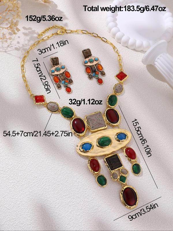Vintage Ethnic Style Colorful Earrings & Pendant Necklace, Rhinestone Turquoise Texture Decor Jewelry Set for Party, Daily Clothing Decor, Trendy All-match & Exquisite Jewelry for Gift 1