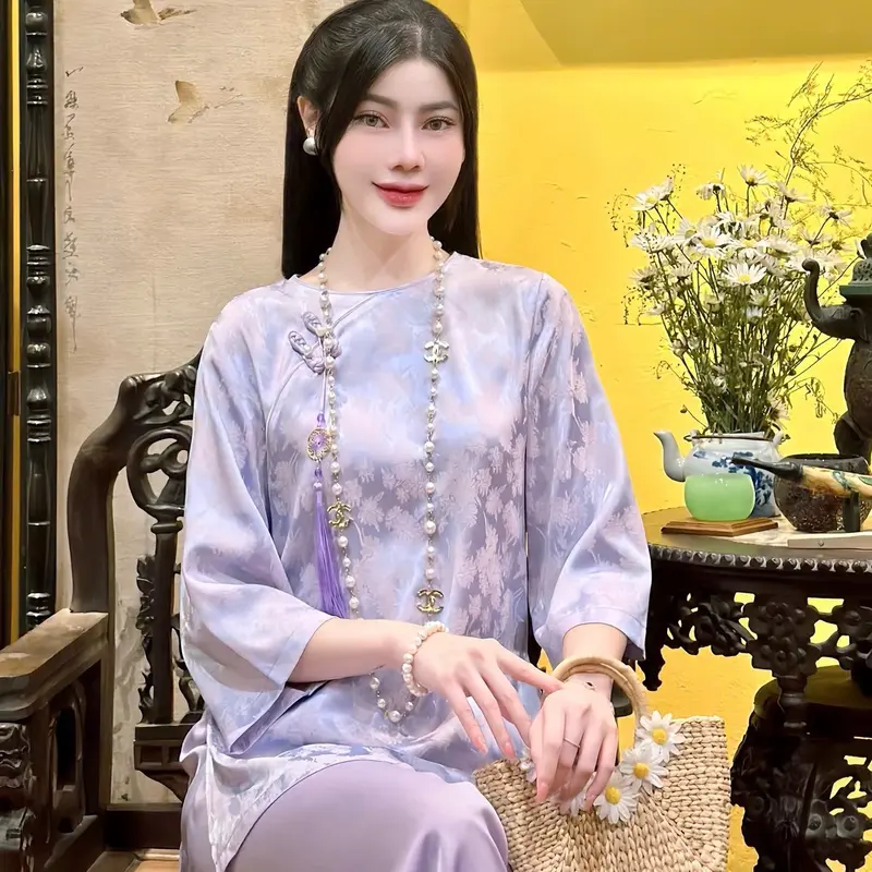 Pháp Phục Đi Chùa . Bộ Lụa Gấm Hoa Cúc Tết , Quần Lụa Vân ( tặng kèm tag cài áo ) Cao Cấp. 2