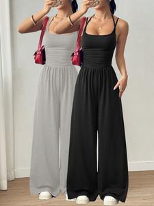Conjunto de dos piezas para mujer, mono casual de pierna ancha con tirantes ajustables para primavera y verano, diseño fluido y arrugado para comodidad y estilo
