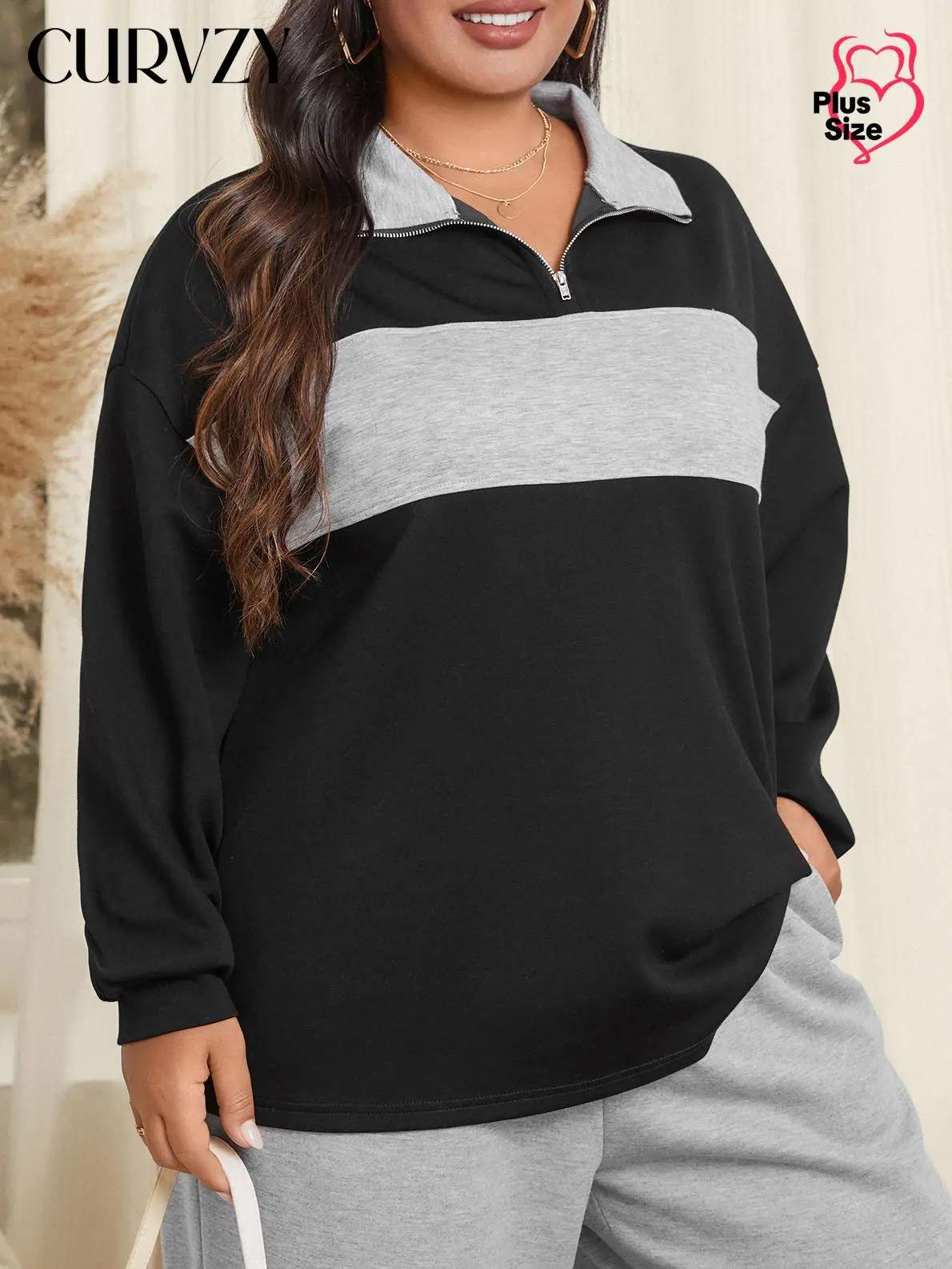 CURVZY Plus Size Colorblock Drop Shoulder Half Zip Sweatshirt, Casual Long Sleeve Collared Pullover for Spring & Fall, Women's Clothing for Daily Wear