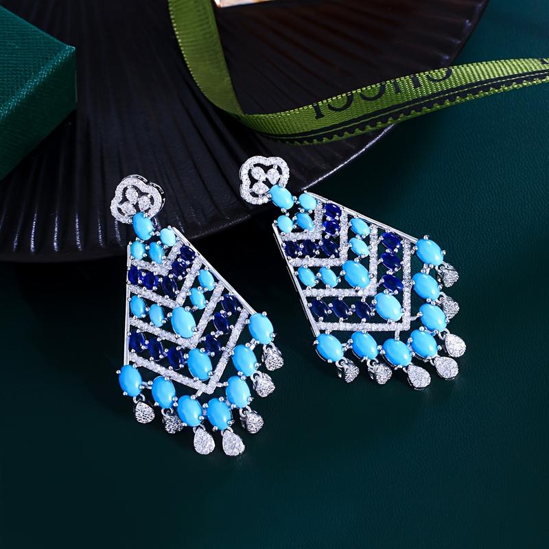 Middle Eastern Luxurious Synthetic Turquoise and Synthetic Zircon Long Tassel Earrings for Women Ethnic Bohemian Bride Wedding Party Jewelry 2