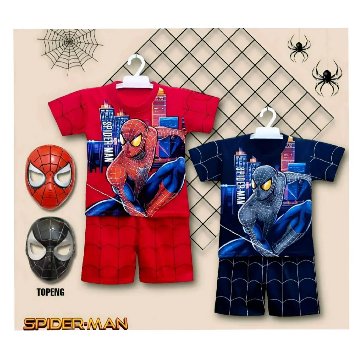 BAJU SETELAN SPIDERMAN BISA TAMBAH TOPENG UNTUK USIA 1-10 TAHUN Katun