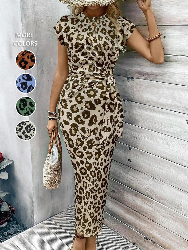 Product Introduction of Women's Leopard Print Knot Bodycon Dress, Elegant Butterfly Sleeve Round Neck Long Dress for Party Holiday Wedding Guest, Ladies Summer Clothes, Modest Dresses, Tall Clothing Women, Summer Dresses 2025 Womenswear Comfort Gamis Chic Crewneck Skinny 1
