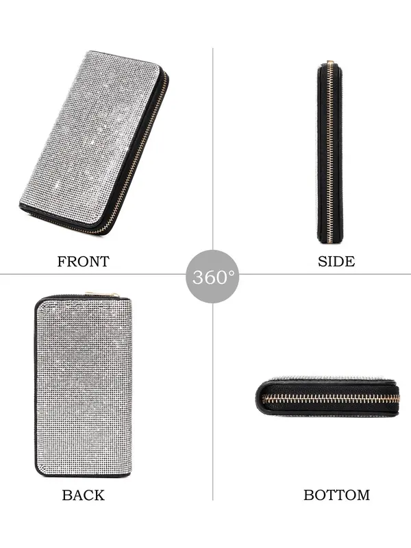 Rhinestone Decorated Long Wallet, Shiny Zipper Rhinestone Wallet, Multi Card Slot Diamond Wallet for Women, Girls, Suitable for Travel, Shopping, Party, Club 2