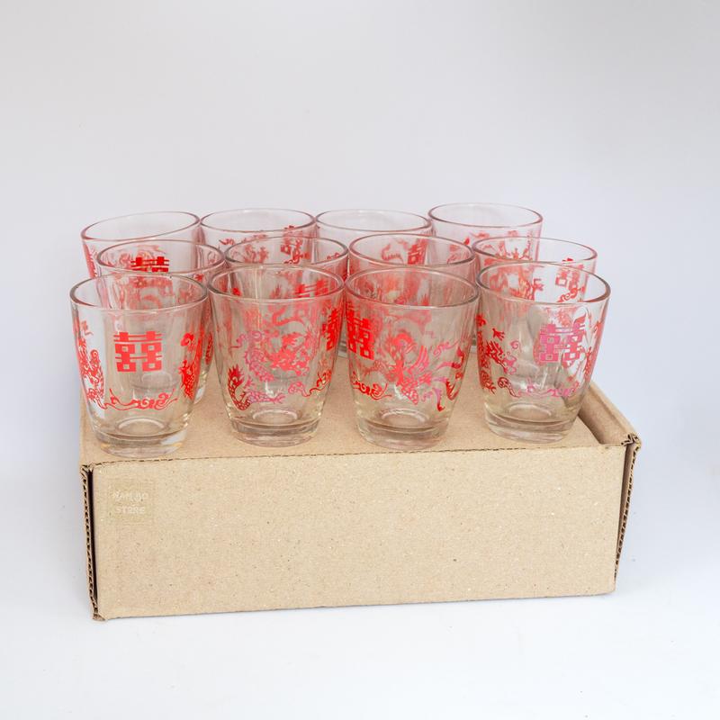 Bộ 12 ly uống trà nóng hoạ tiết Rồng Phượng màu đỏ chịu nhiệt 70ml