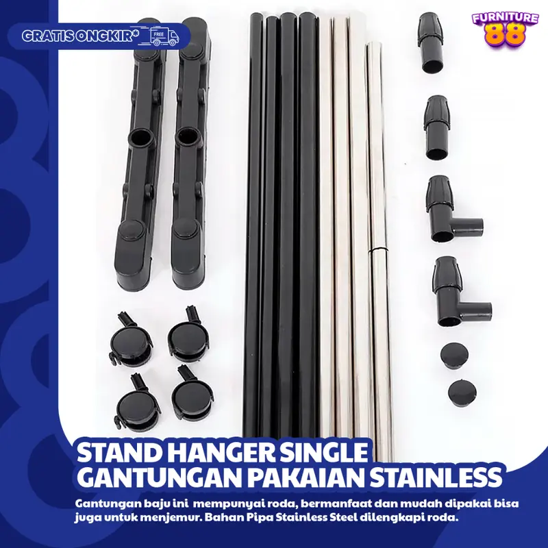 FURNITUR88 Stand Hanger Gantungan Baju Single Bahan Pipa Besi Stainless Dengan Roda Plastik ABS Untuk Gantungan Pakaian Handuk DLL COD 5