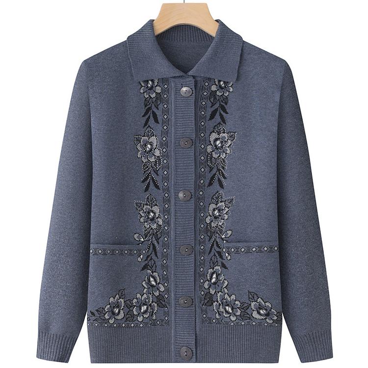 Áo khoác len trung niên cho người già cổ bẻ họa tiết hoa sang trọng tặng mẹ biếu bà ý nghĩa Women Top