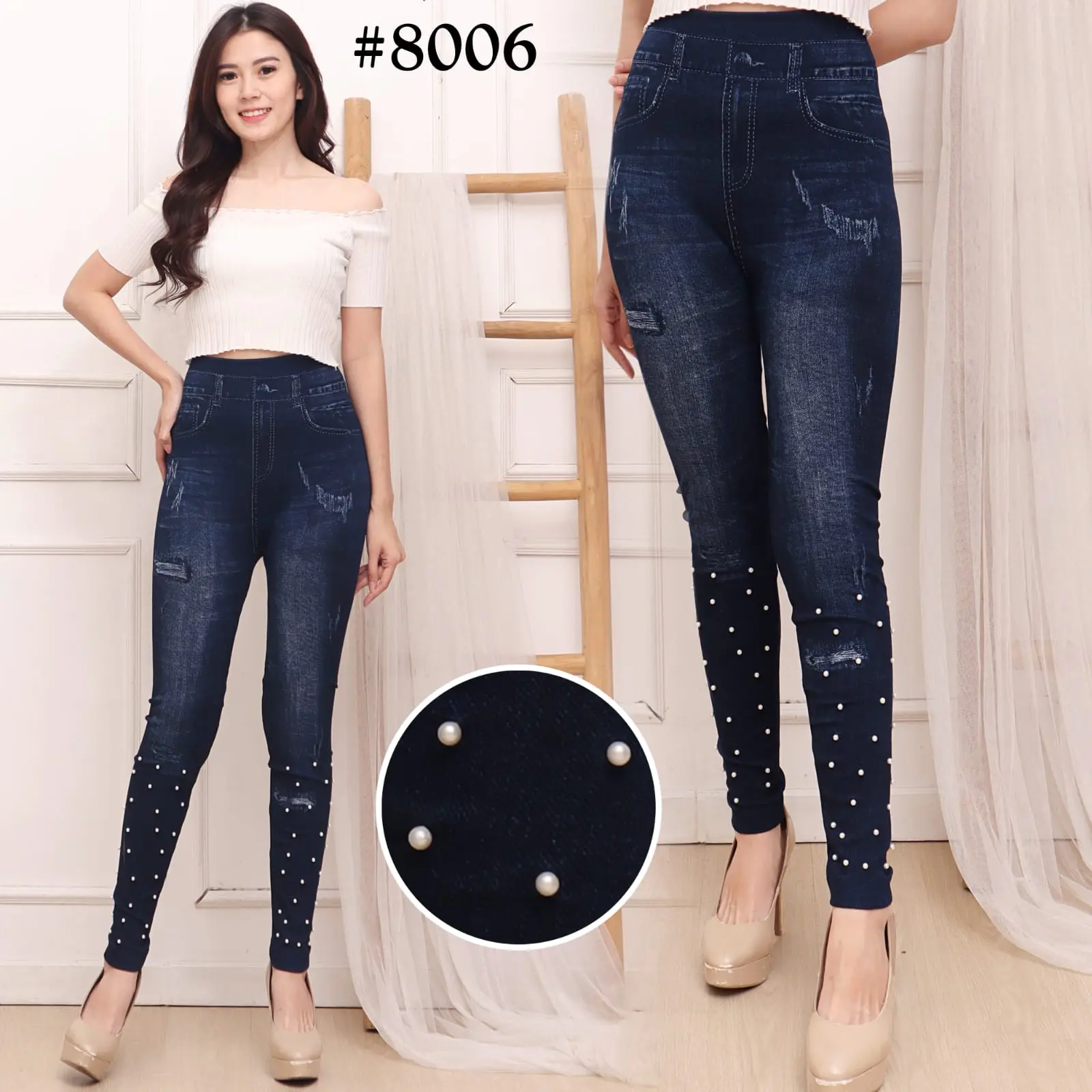 Legging Mutiara Kaki 8006 - Leging Panjang - Mutiara Payet - Pinggang High Waist - Super Stretch Wanita Celana