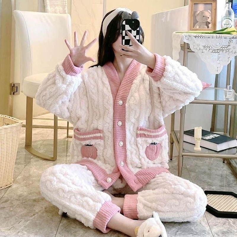 [QC][40-70kg]Bộ ngủ nữ lông dài tay quần dài ĐÀO HỒNG mềm mại ấm áp freesize mùa đông Women Áo Quần Ngủ Tay Loe
