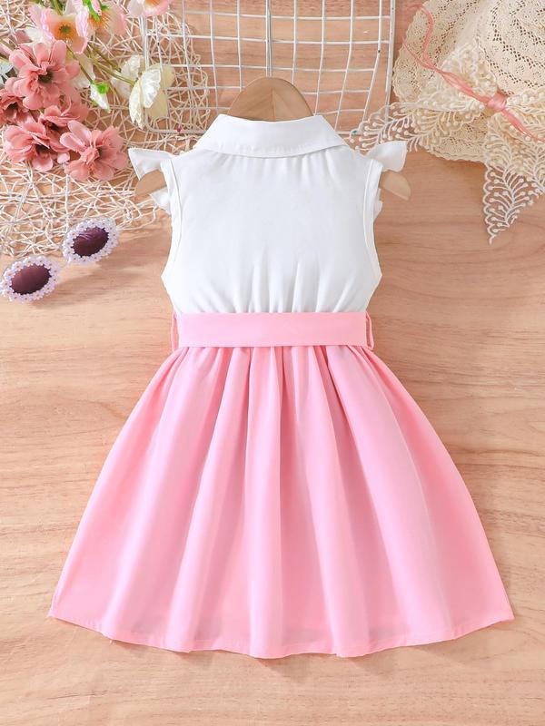 Girl's Colorblock Floral Embroidery Belted Sweater Dress, Elegant Casual Leaf Print Short Sleeve Dress for Summer, Kids Clothes for Daily Wear 1