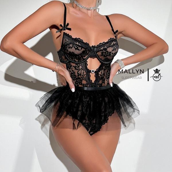 Váy ngủ bodysuit ren MALLYN có gọng kèm váy 1028 - Ren cao cấp, Freesize cho nàng dưới 55kg - Nữ, Dress