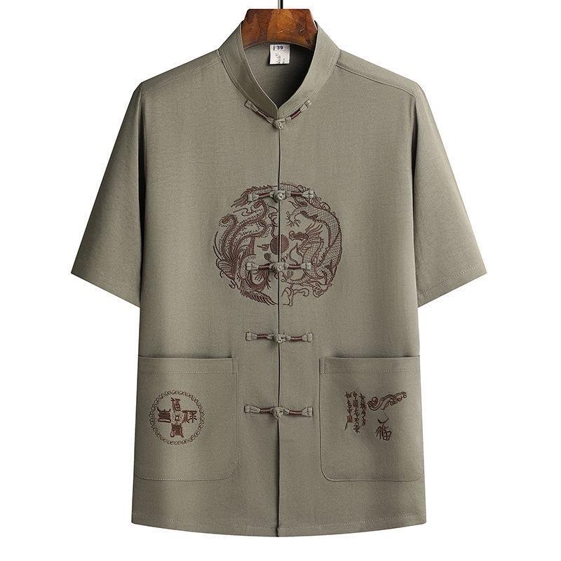  Áo  Sơ Mi nam trung niên cổ tàu tay ngắn thêu long Phượng sum vầy vải đũi nhẹ mát quà tặng cho bố Menswear Kate 