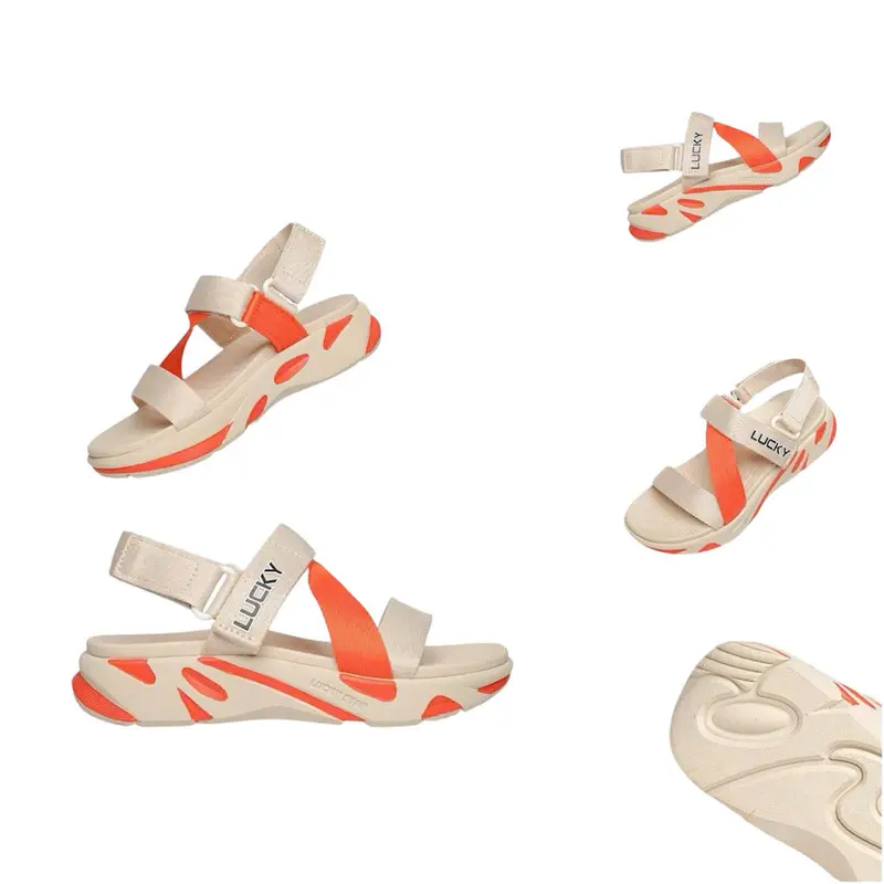 Giày Sandal Nam Nữ Đế Bằng Quai Chữ Z Lucky D050 Ver.2 Thời Trang Êm Ái Màu Begie Phối Cam 0