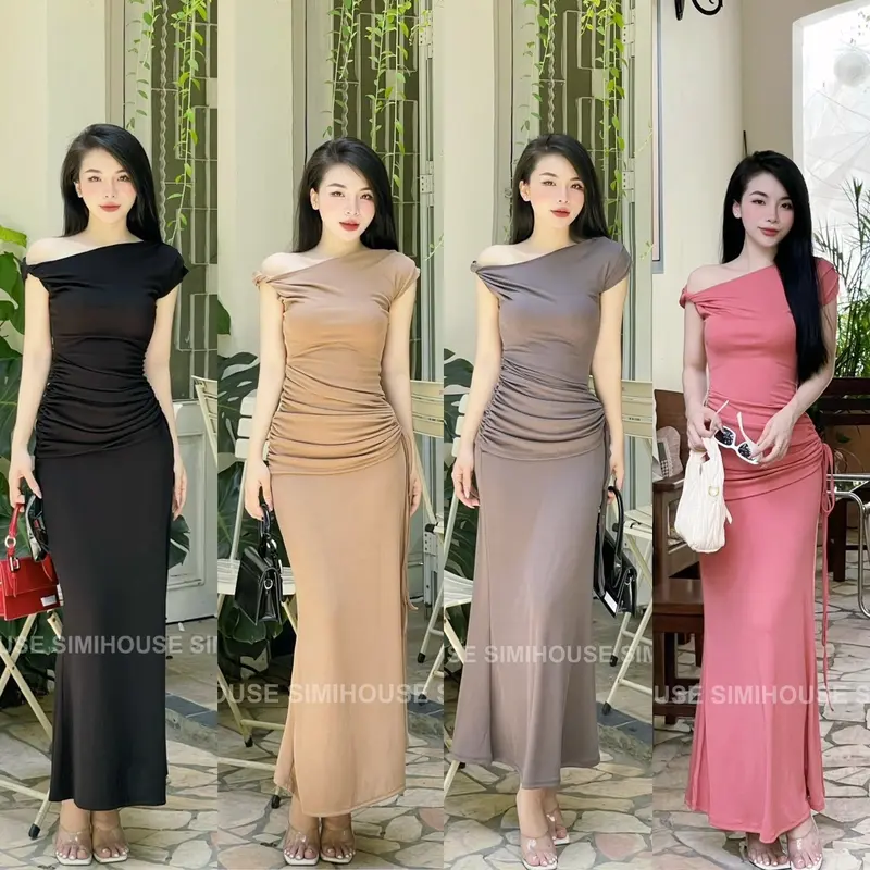 (SIMI HOUSE) VÁY BODY XOẮN VAI NHÚN CỘT EO / Đầm body  Thun đi tiệc xoắn vai nhíu eo  Women Dress 0