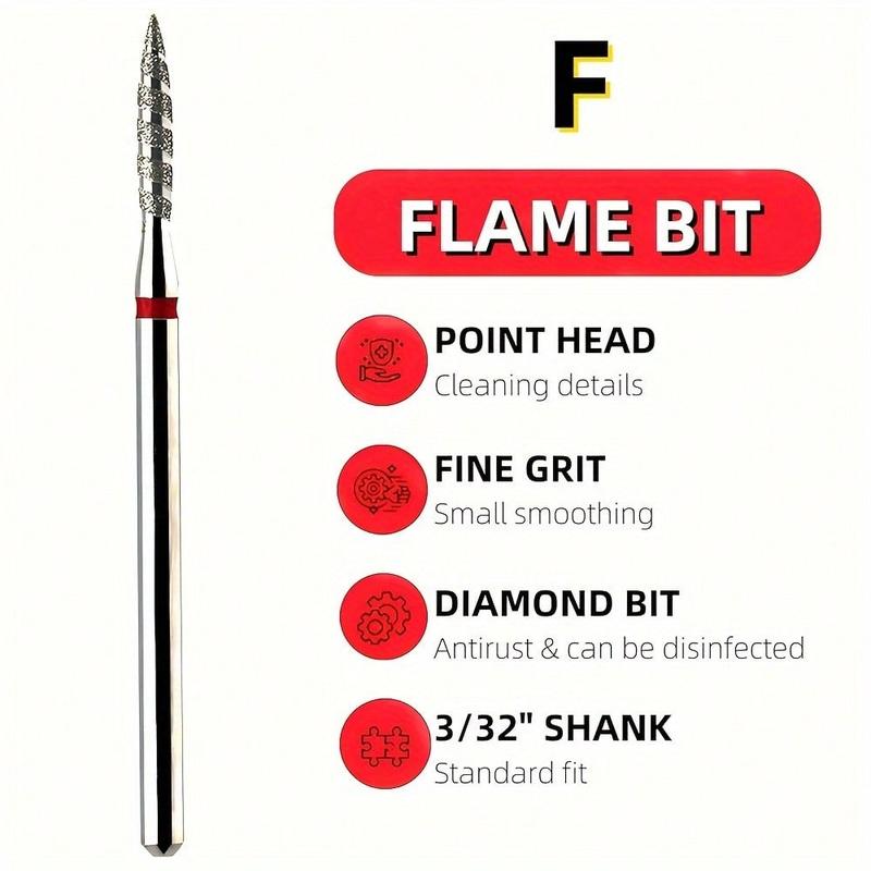 Product Introduction of 8pcs Diamond Nail Drill Bit Set, Flame Bit Design, Professional Manicure Pedicure Tool For Cleaning, Smoothing, And Fine Detail Work - 3/32" Shank, Standard And Fine Grit, Disinfectable Cutics 4