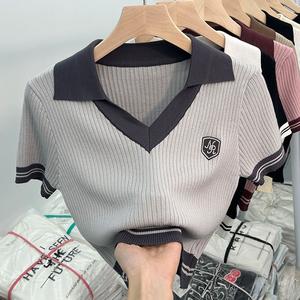 Unique Sweet Spicy Girl Short V-Neck Knitted Polo Shirt Top Design Sense Niche Short Sleeve T-Shirt for Women Summer