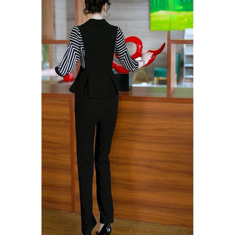 [clearance]FADFAD Setelan wanita atasan lengan tiga perempat dengan erah v neck dan celana panjang warna solid gaya casual