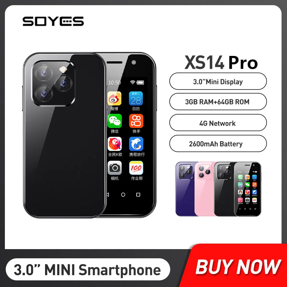 SOYES XS14 Pro Mini Smartphones 4G LTE 3GB + 64GB Android 9.0 Quad Core 3.0 Inch 2600mAh Battery Face ID Type-C Small Mobile Phone