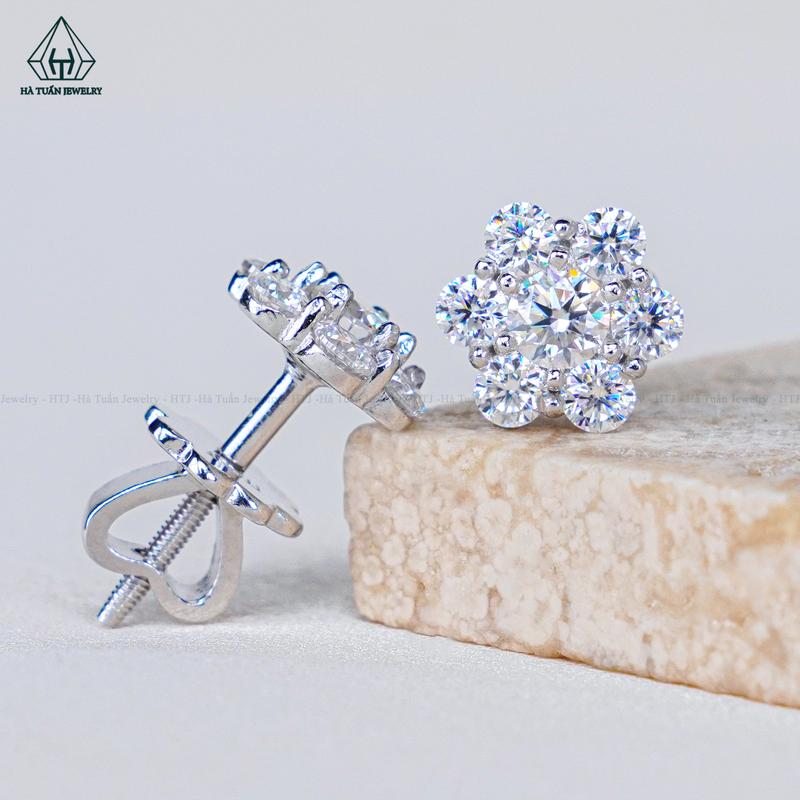 Bông Tai Nữ Bạc 925 Xi Kim FULL Moissanite Viên Chủ 3.6mm EX439 Hà Tuấn Jewelry