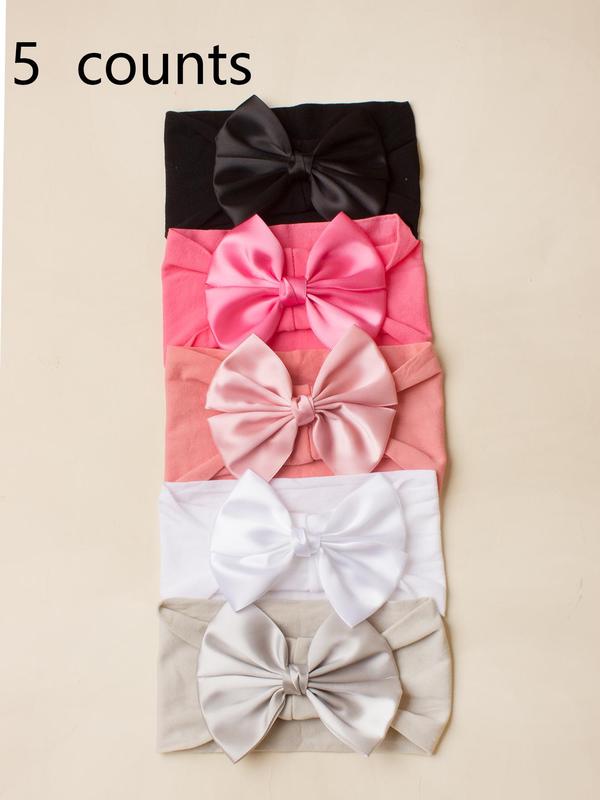5pcs Baby's Cute Bow Decor Headband, Solid Color Wide Band Hair Accessories For Newborn 5
