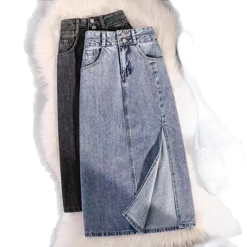 Chân váy jeans 2 khuy sẻ trước chất dày dặn chân váy jean chữ A lưng cao 2 túi cơi sẻ cạnh, phù hợp con gái