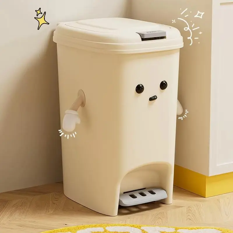 Cute Creative Double Pedal Trash Can for Kitchen Living Room - Big Capacity and Cream-colored Paper Basket 15L