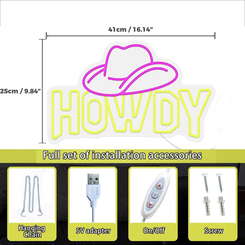 Creative Howdy Design LED Neon Sign, Cowgirl Hat Decorative Neon Sign, USB Powered Night Light Sign with Accessories for Home Bedroom Door 1