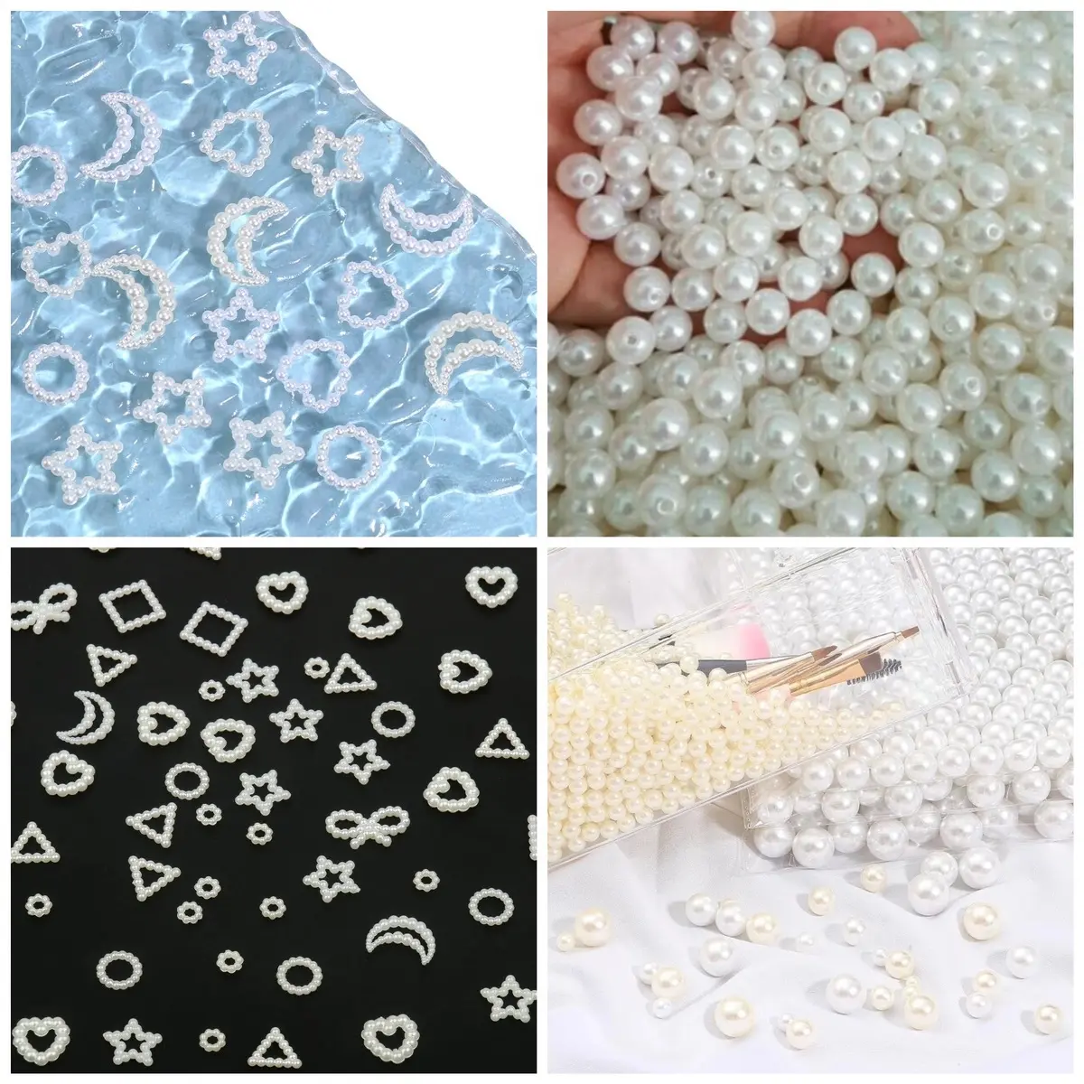 Bộ 50 hạt ngọc trai nhựa dán nail và toploader hạt tròn/ hình nơ/ mặt trăng/ trái tim/ ngôi sao