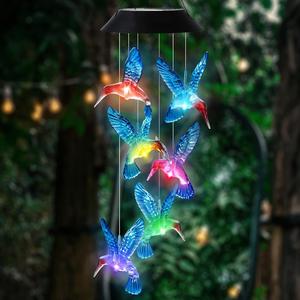 Carillones de viento solares con diseño de pájaro creativo, luces LED que cambian de color de colibrí, decoración de jardín exterior con carillones de viento solares