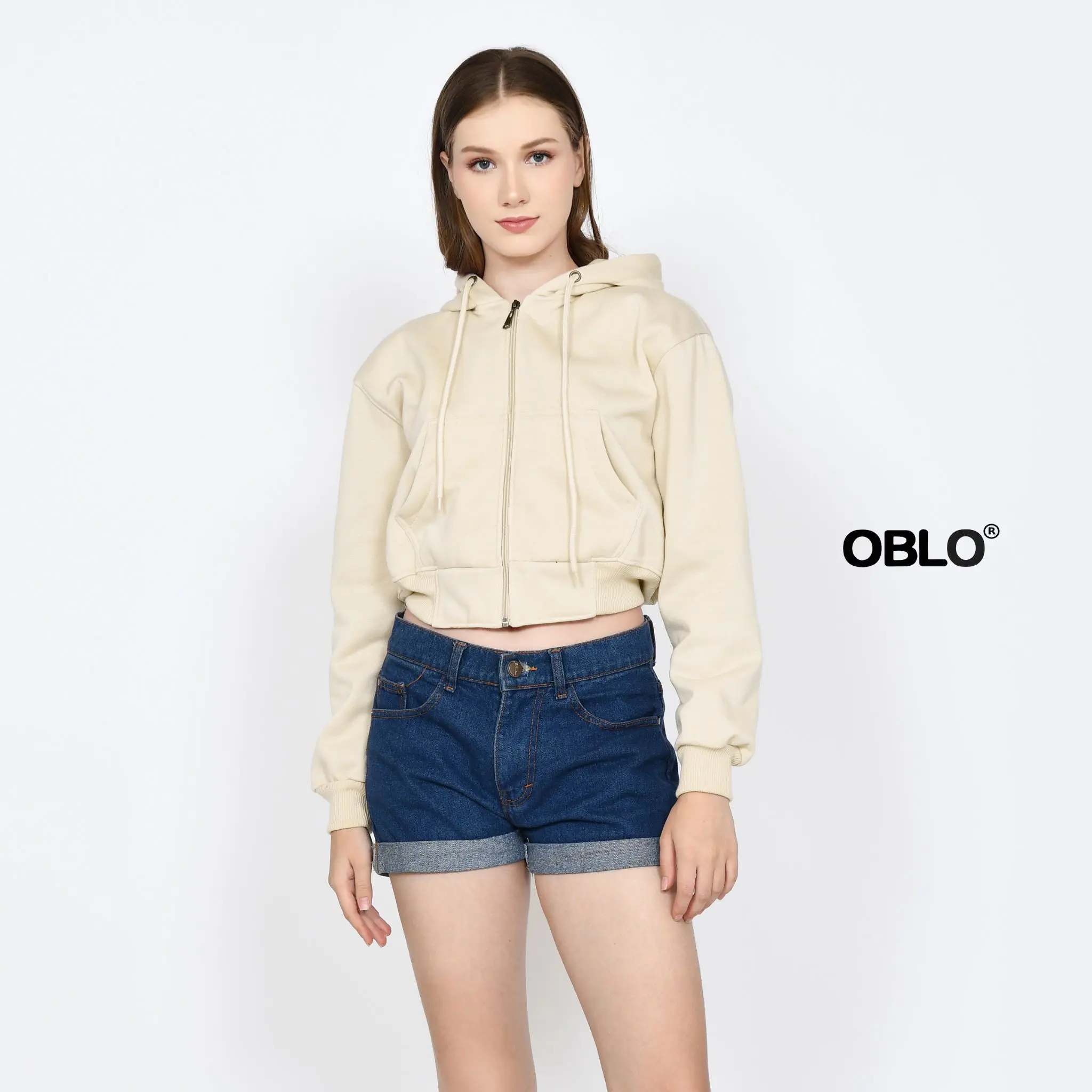 OBLO Crop Hoodie Zipper Polos Resleting Unisex Wanita Fit Fleece