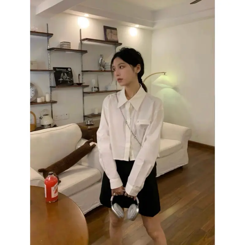 Áo sơ mi Mecixi  cổ đức dáng croptop phối túi FG046 - Thời trang nữ - Shirt, Women Trắng Nhung 2