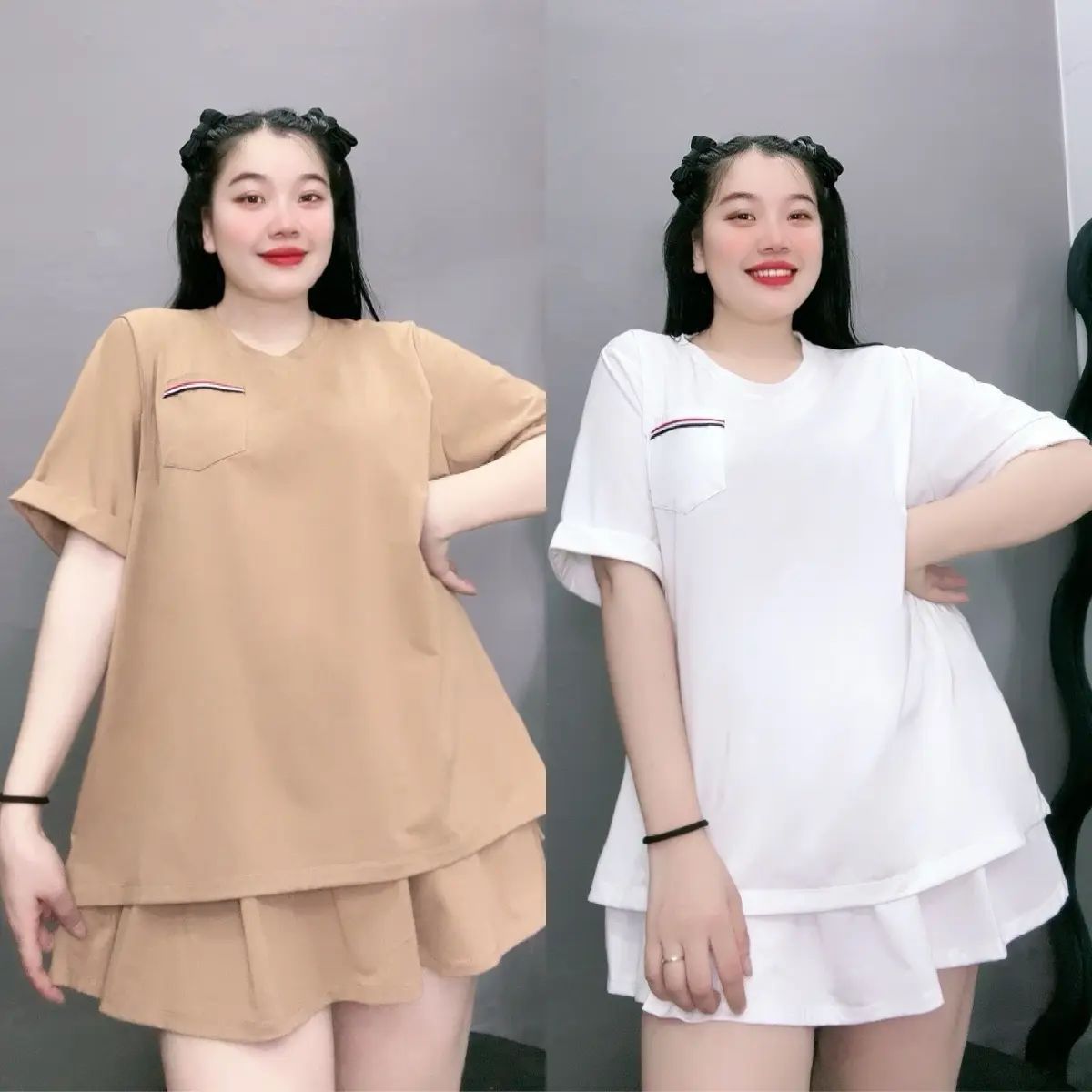 Set đồ bigsize nữ áo tay ngắn form rộng kèm chân váy dáng chữ A xếp ly chất cotton - SET810