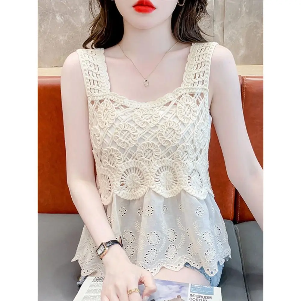 Áo Vest Dệt Kim Không Tay Ren Khoét Lỗ Phong Cách Bohemian, Trang Phục Mùa Hè Cho Nữ, Có Thể Mặc Ngoài Trời, Cổ Áo Vuông Độc Đáo Phong Cách Thái Lan, Áo Hai Dây