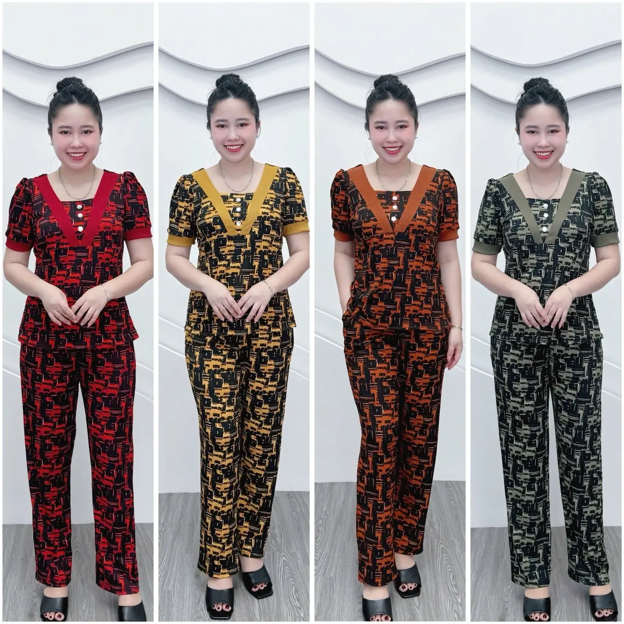 TL1 Đồ bộ thun tăm lạnh co giãn,quần suông,cổ vuông, lưng thun co giãn,có 2 túi50-80kg Nữ