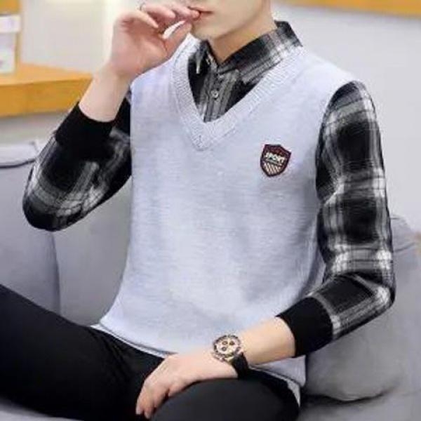 Not Fleece-lined/Fleece-lined Autumn and Winter Men's Youth Top Sweater Warm Thickened Sweater Fake Two Pieces Shirts Men 2