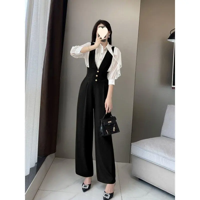 Áo Jumpsuit Quần Nữ, Cạp Cao, Màu Đen, Ống Rộng, Thiết Kế Thời Trang, Giảm Tuổi, Thích Hợp Cho Trang Phục Mùa Thu, Thiết Kế Mới