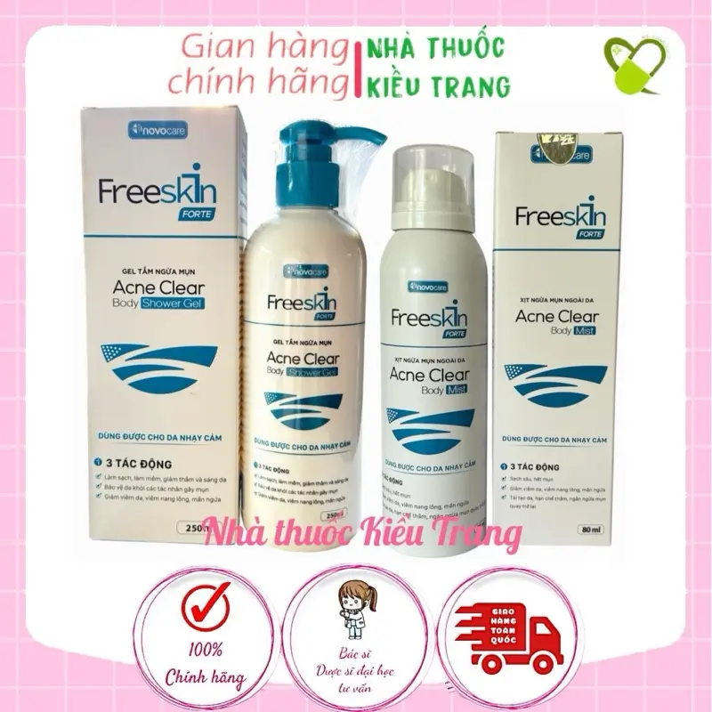 [Mẫu mới] Combo xịt mụn sữa tắm Freeskin Forte, dùng cho mụn cơ thể, viêm nang lông, viêm da 0