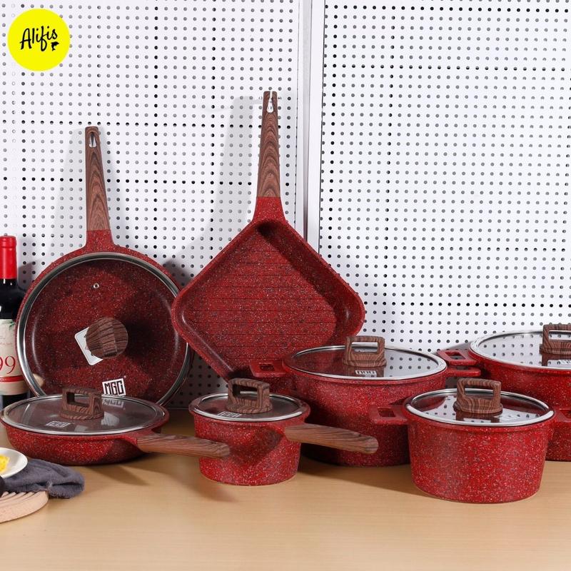 Bộ sưu tập nồi chảo đá maifan chống dính MGC màu đỏ tay cầm gỗ