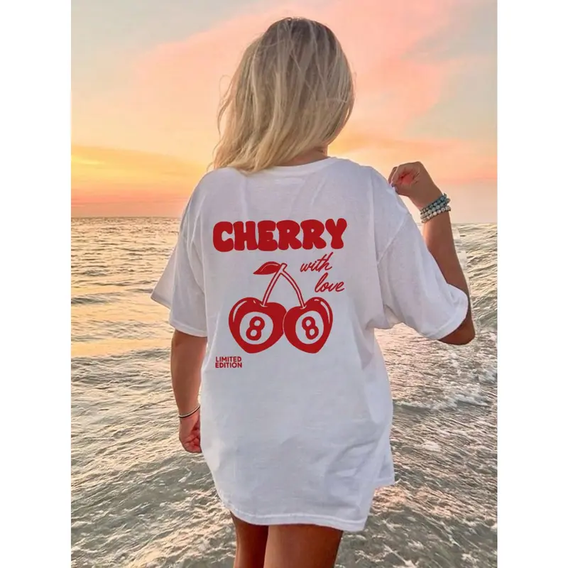 1pc Tween Girl Casual Printed Round Neck Short Sleeve T-Shirt, Summer Student Apparel - Delicious Cherry Design For Cherry Fruit Enthusiasts Looking To Stand Out Top Womenswear Fit Polyester Tshirt Comfort Streetwear Crewneck Spring Modest Shortsleeve 4