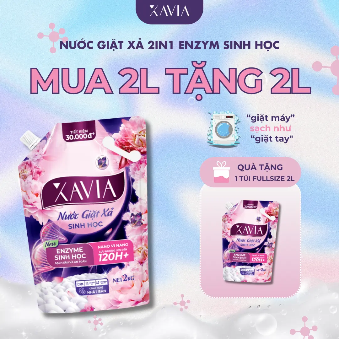 [MUA 2L TẶNG 2L] Nước Giặt Xả 2in1 Enzym Sinh Học XAVIA Toả Hương 120H+ 2L, Sạch Sâu An Toàn, Lưu Hương Dài Lâu, Bảo Vệ Môi Trường