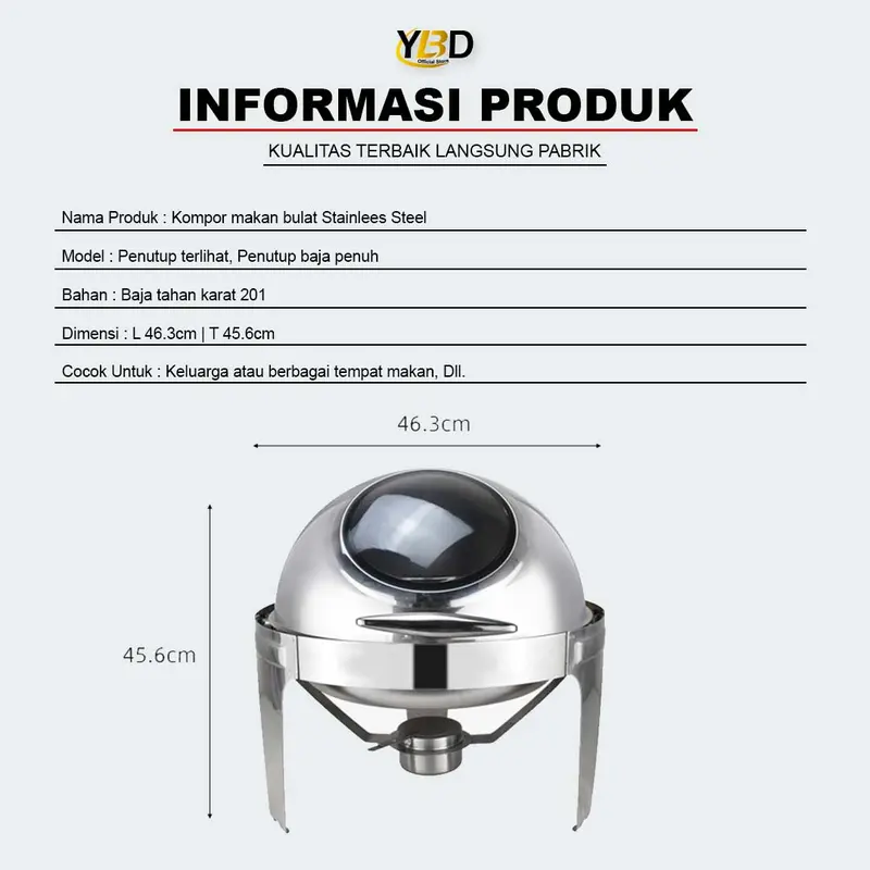 YBD - Prasmanan Roll Top Stainless Steel 6.8 Liter Tutup Stainless & Tutup kaca | Roll top prasmanan bulat Gold & silver | Perlengkapan dapur wadah prasmanan stainless | Tempat makan prasmanan | Roll top wadah makanan peralatan masak Kitchenware 5