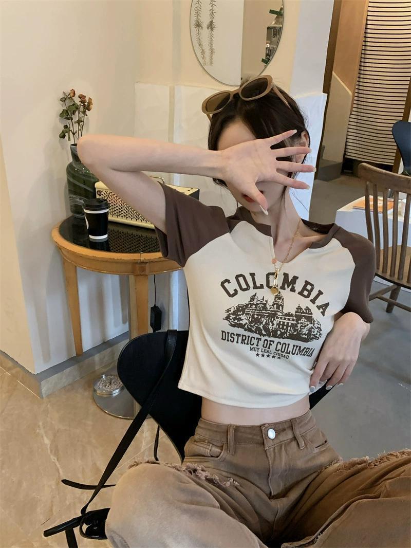 Product Introduction of Trendy V-Neck Short Sleeve T-Shirt for Women Spring Summer 25 Styles Sweet and Spicy American Retro Design Short Student Top Fashion 13