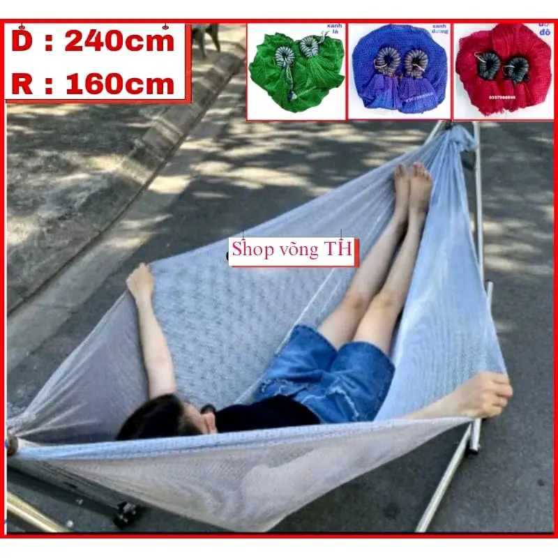 Võng Lưới Bó Đầu 2 Lớp Dày Rộng Cao Cấp, KT (240x150)cm - Võng Du Lịch Dã Ngoại
