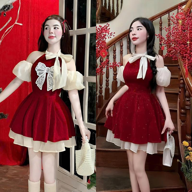  Đầm váy nữ nhung phối tay voan họa thiết thêu nơ dáng xòe sang chảnh dành cho các nàng diện đi chơi tết  đi tiệc Women Dress 